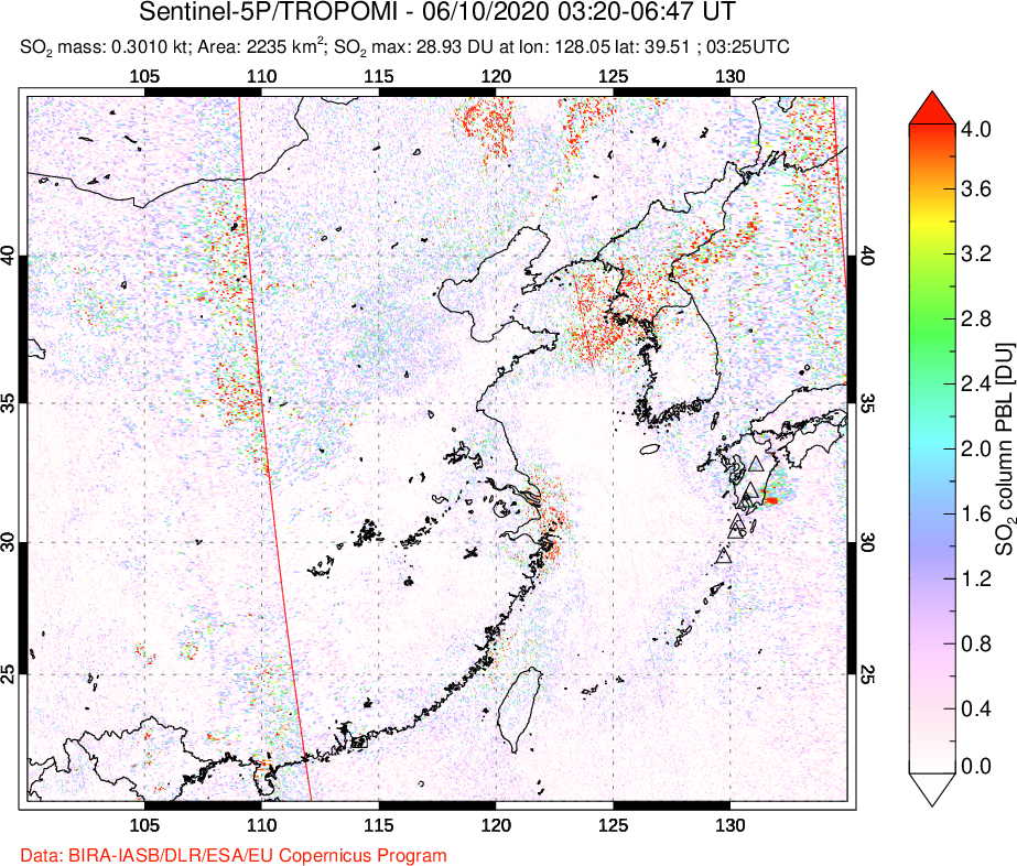 A sulfur dioxide image over Eastern China on Jun 10, 2020.