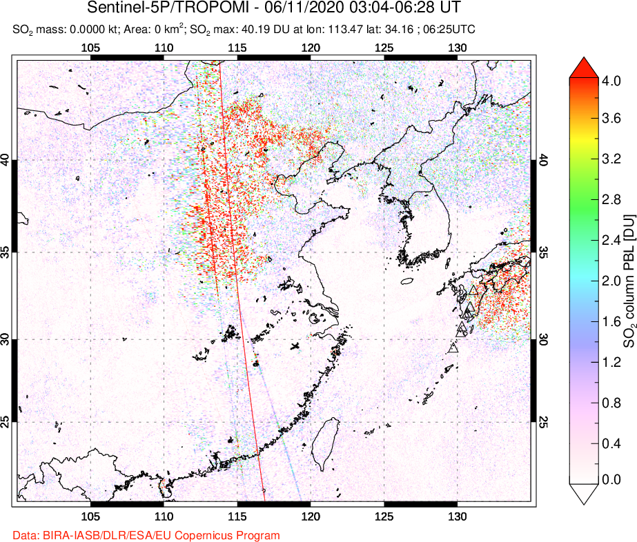 A sulfur dioxide image over Eastern China on Jun 11, 2020.