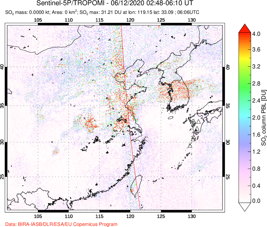 A sulfur dioxide image over Eastern China on Jun 12, 2020.