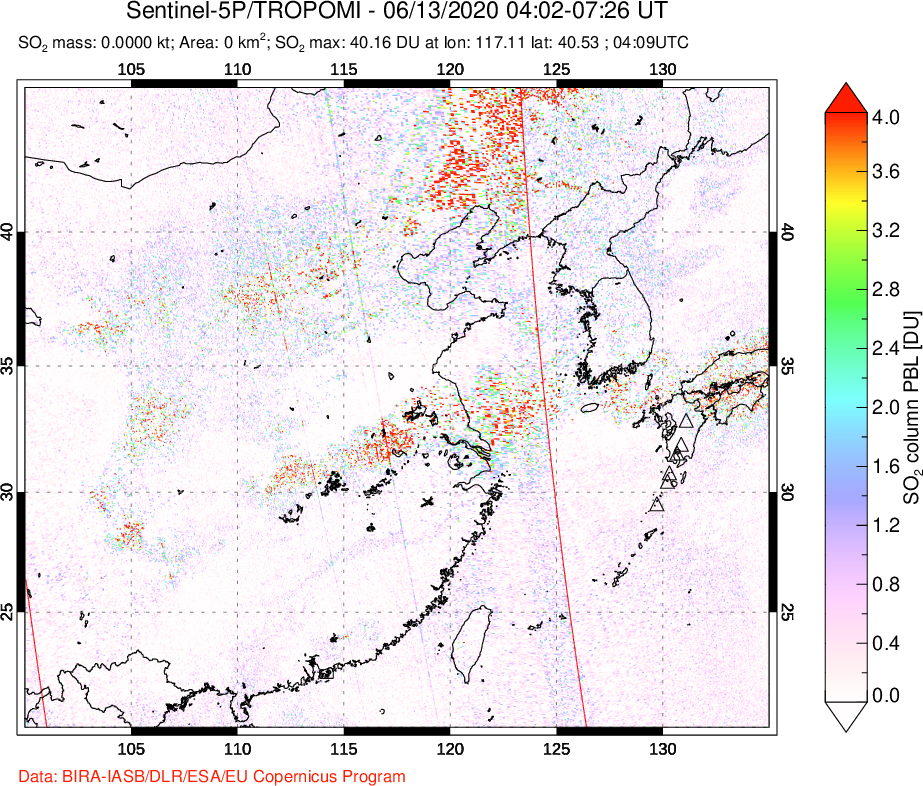 A sulfur dioxide image over Eastern China on Jun 13, 2020.