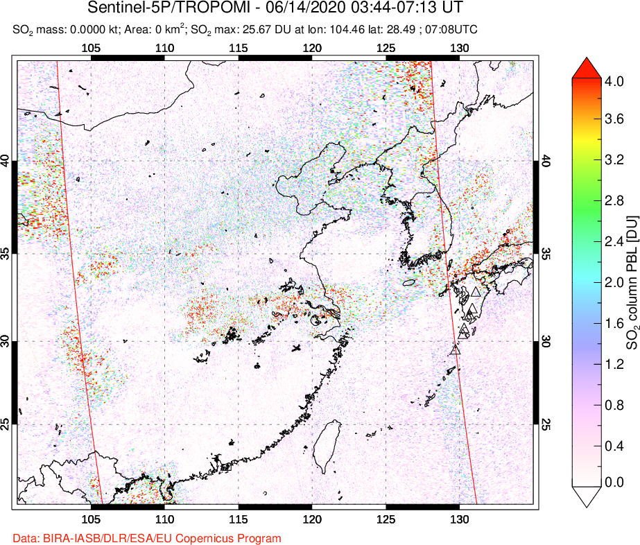 A sulfur dioxide image over Eastern China on Jun 14, 2020.