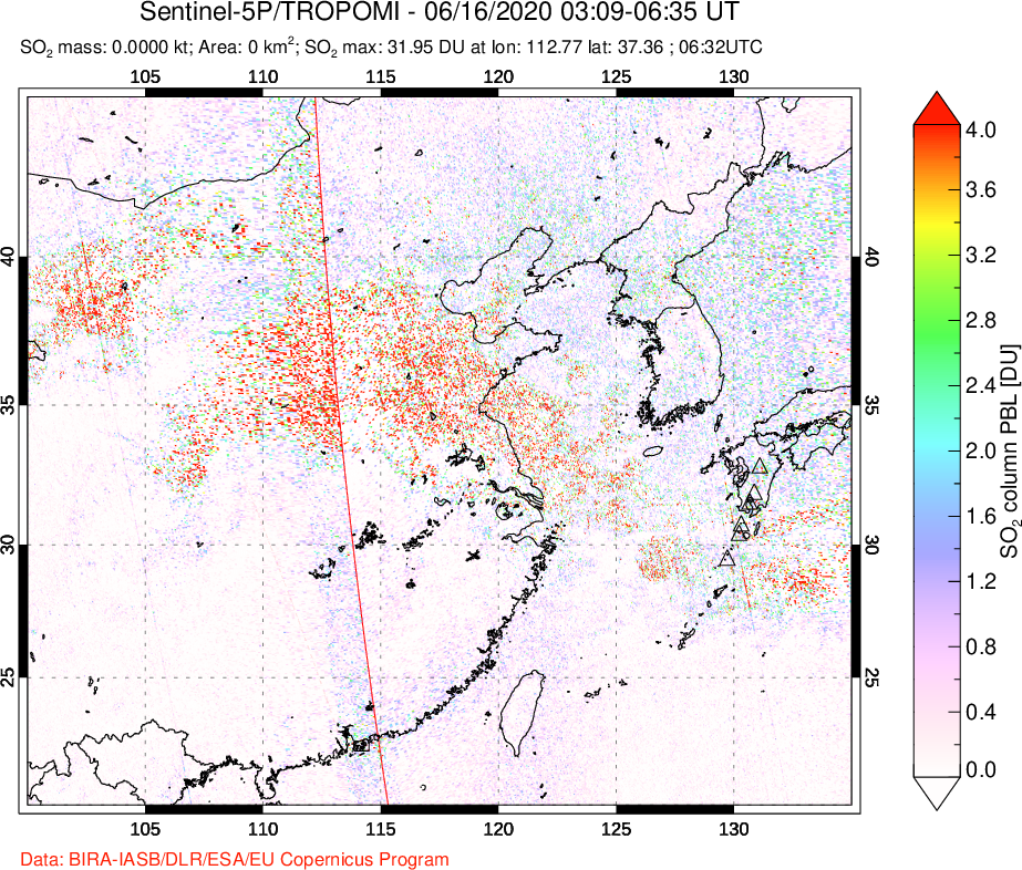 A sulfur dioxide image over Eastern China on Jun 16, 2020.