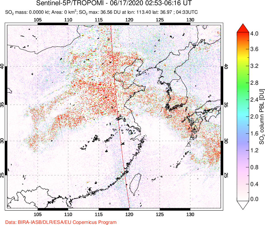 A sulfur dioxide image over Eastern China on Jun 17, 2020.