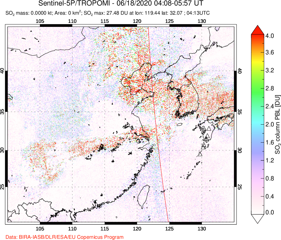 A sulfur dioxide image over Eastern China on Jun 18, 2020.