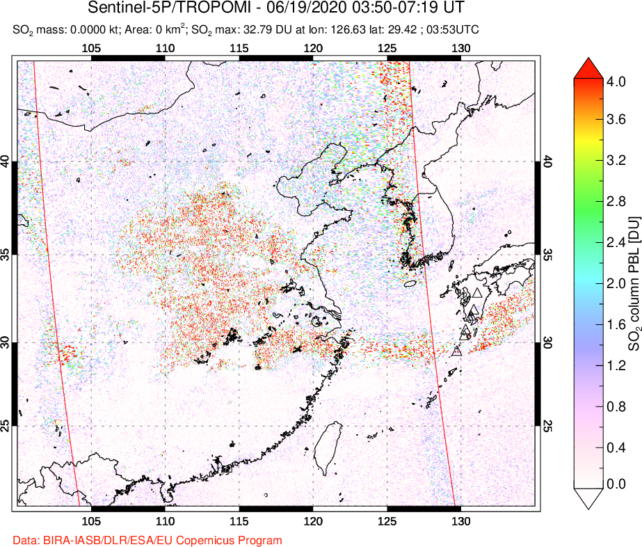 A sulfur dioxide image over Eastern China on Jun 19, 2020.