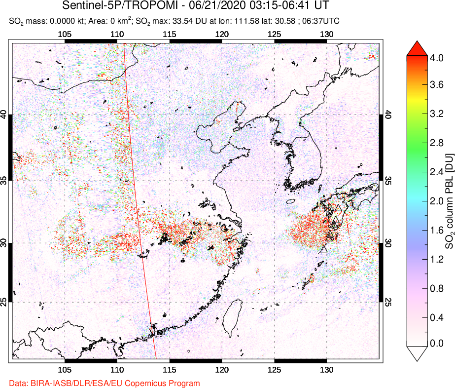 A sulfur dioxide image over Eastern China on Jun 21, 2020.
