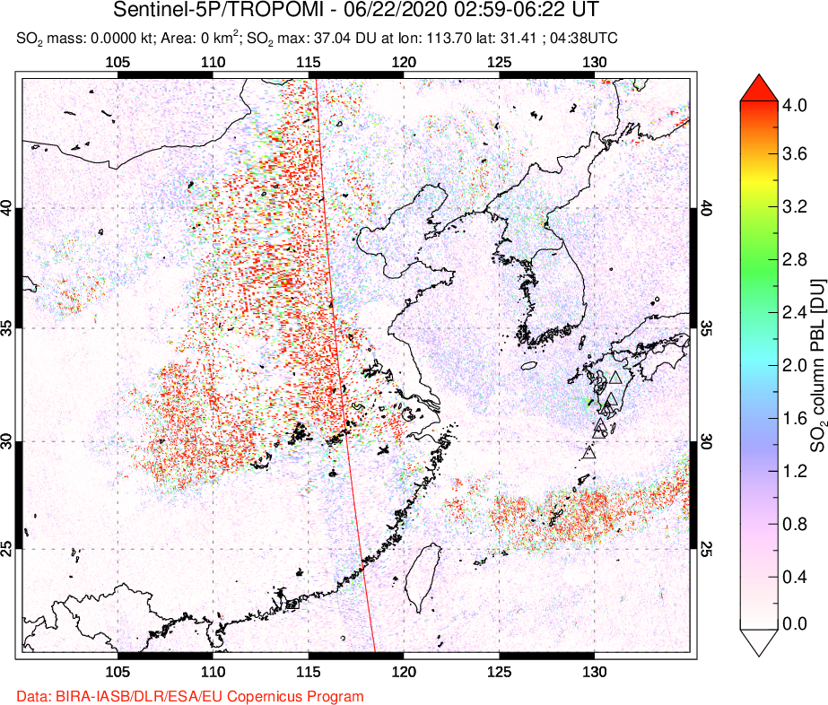 A sulfur dioxide image over Eastern China on Jun 22, 2020.