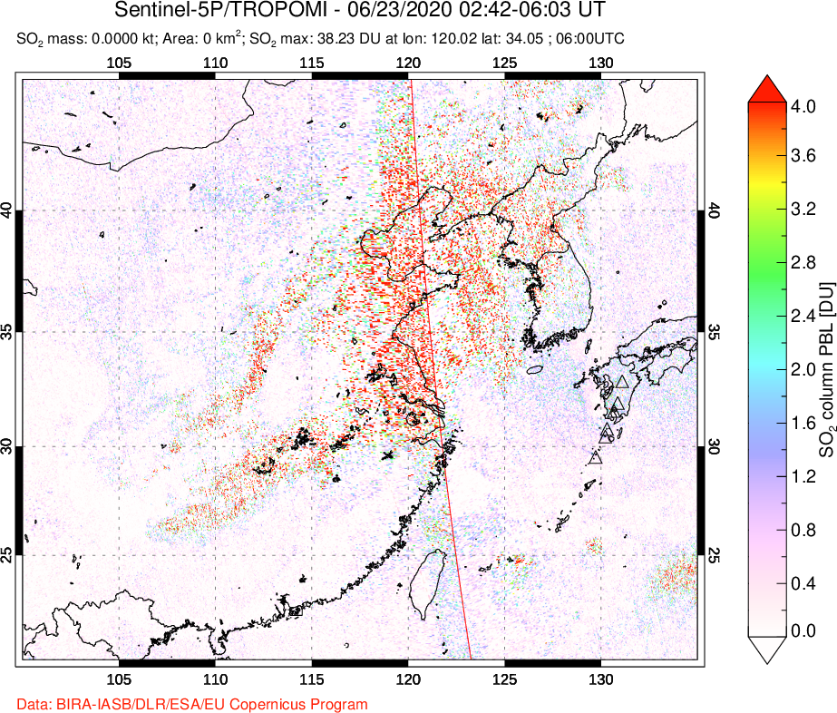 A sulfur dioxide image over Eastern China on Jun 23, 2020.