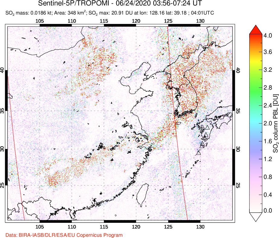 A sulfur dioxide image over Eastern China on Jun 24, 2020.