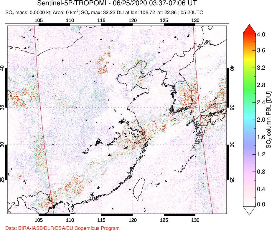 A sulfur dioxide image over Eastern China on Jun 25, 2020.