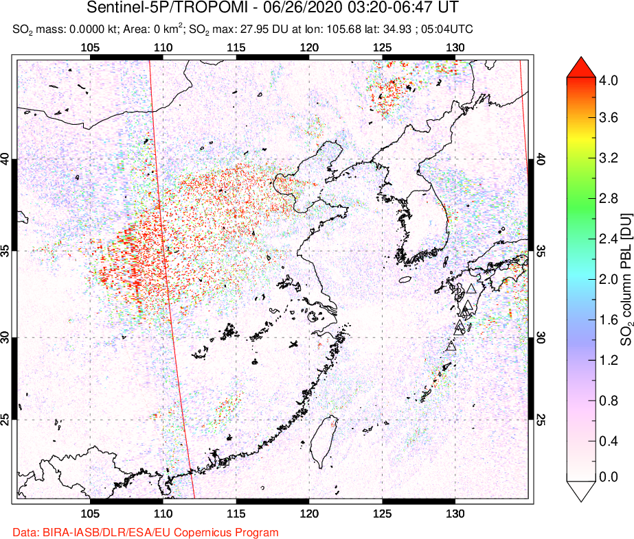 A sulfur dioxide image over Eastern China on Jun 26, 2020.