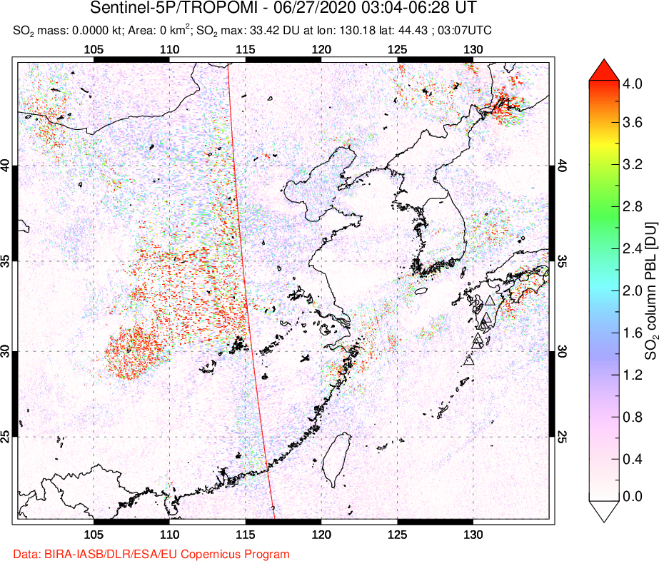 A sulfur dioxide image over Eastern China on Jun 27, 2020.