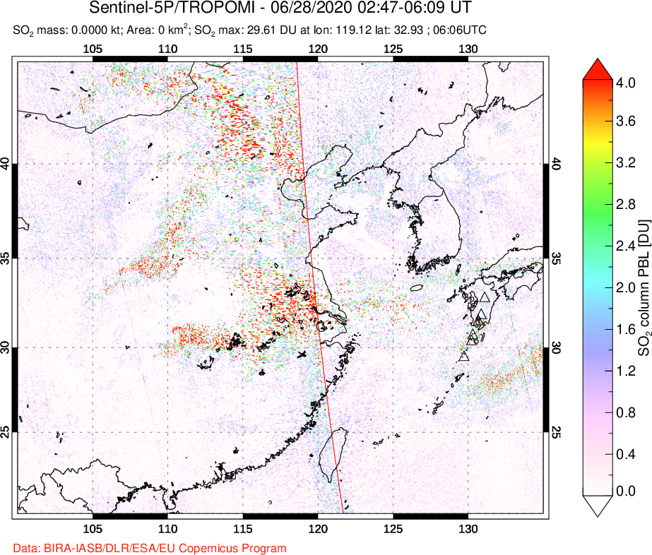 A sulfur dioxide image over Eastern China on Jun 28, 2020.