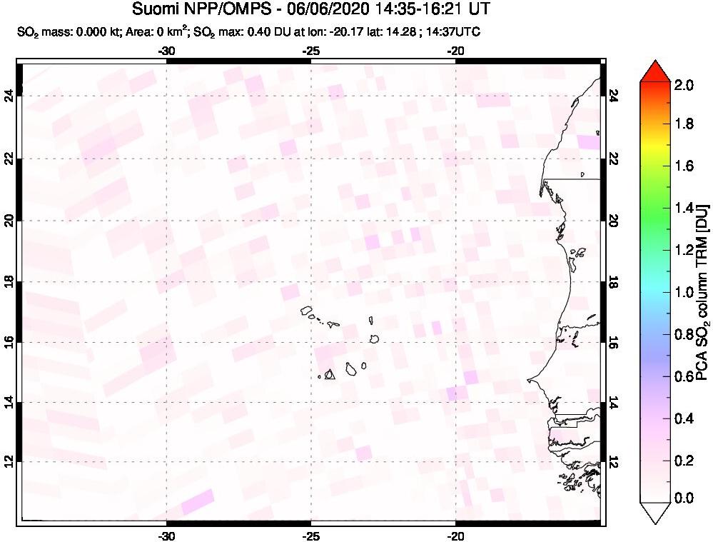 A sulfur dioxide image over Cape Verde Islands on Jun 06, 2020.