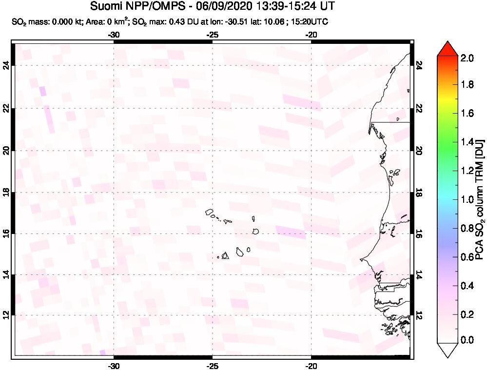 A sulfur dioxide image over Cape Verde Islands on Jun 09, 2020.