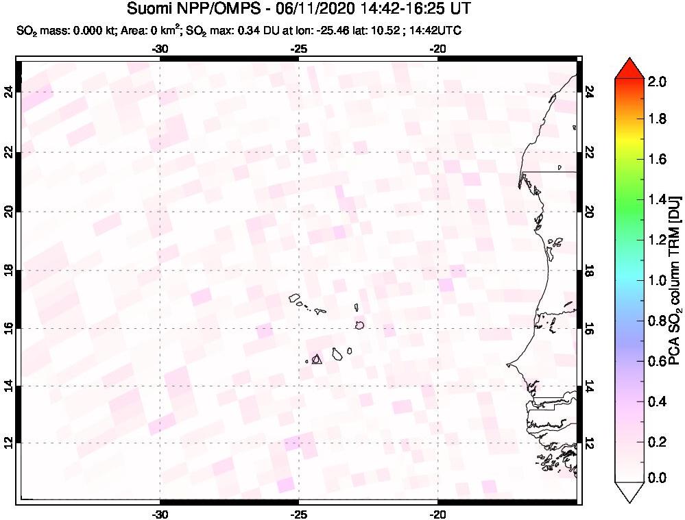 A sulfur dioxide image over Cape Verde Islands on Jun 11, 2020.