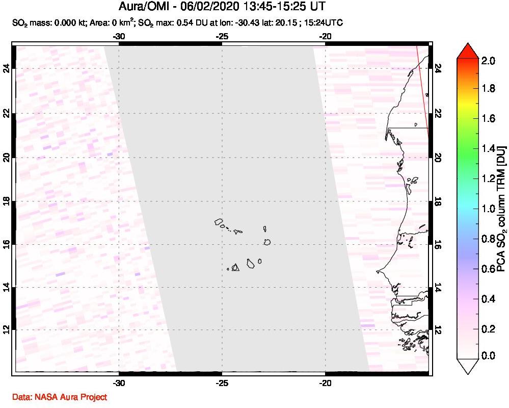 A sulfur dioxide image over Cape Verde Islands on Jun 02, 2020.