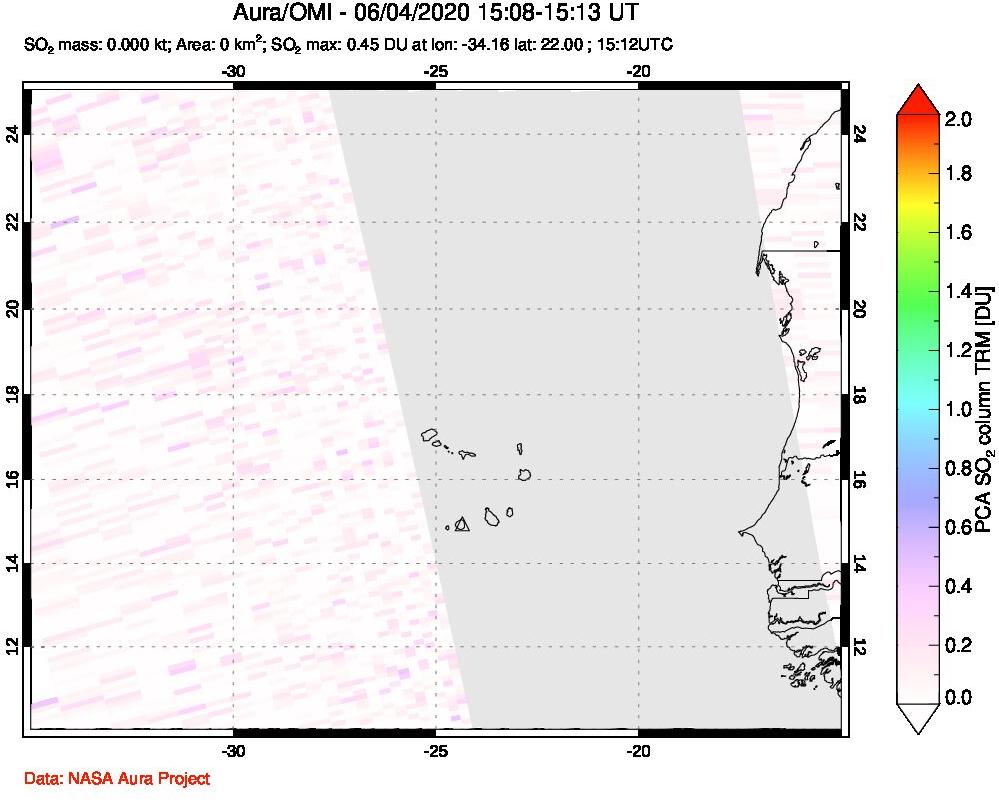A sulfur dioxide image over Cape Verde Islands on Jun 04, 2020.
