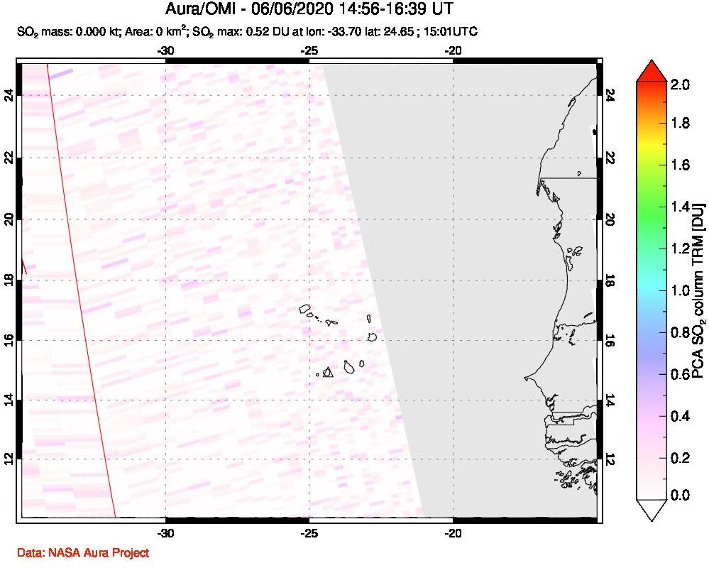 A sulfur dioxide image over Cape Verde Islands on Jun 06, 2020.