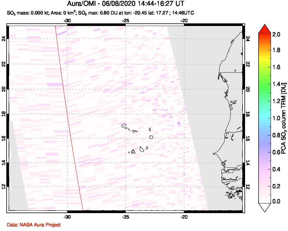 A sulfur dioxide image over Cape Verde Islands on Jun 08, 2020.