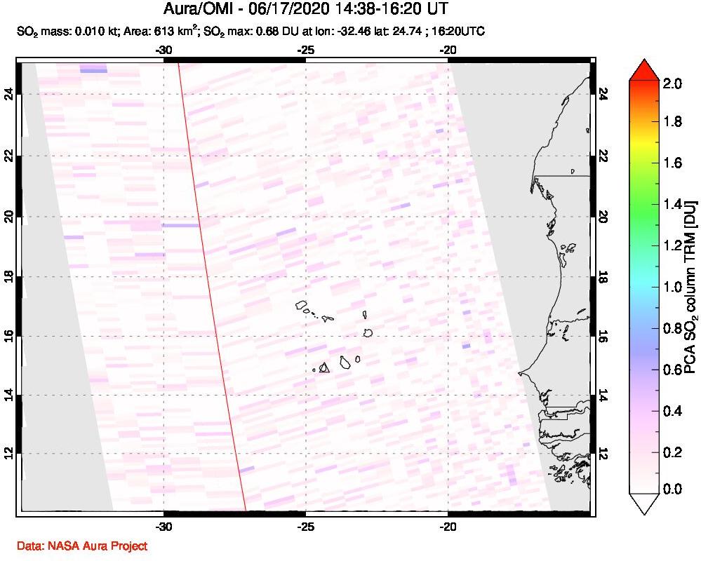 A sulfur dioxide image over Cape Verde Islands on Jun 17, 2020.