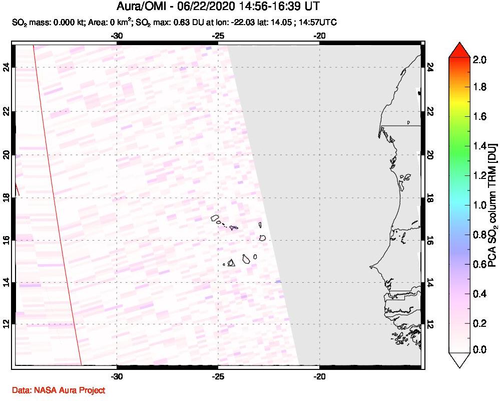 A sulfur dioxide image over Cape Verde Islands on Jun 22, 2020.