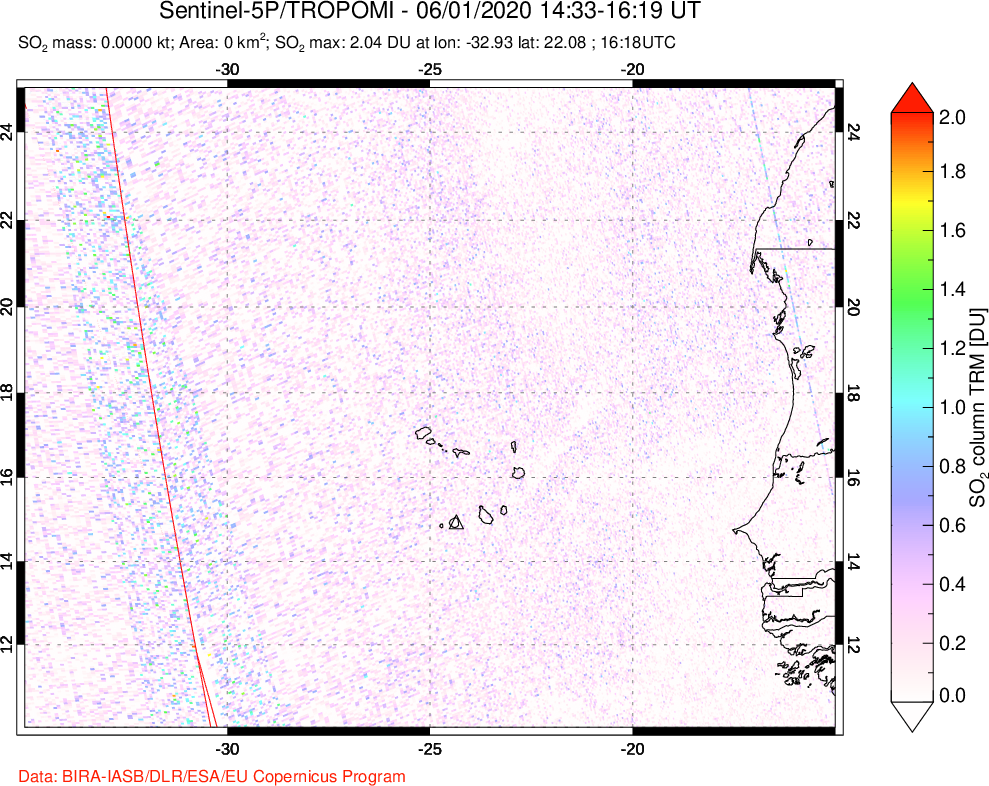 A sulfur dioxide image over Cape Verde Islands on Jun 01, 2020.
