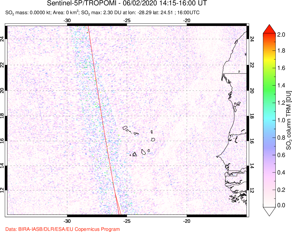 A sulfur dioxide image over Cape Verde Islands on Jun 02, 2020.