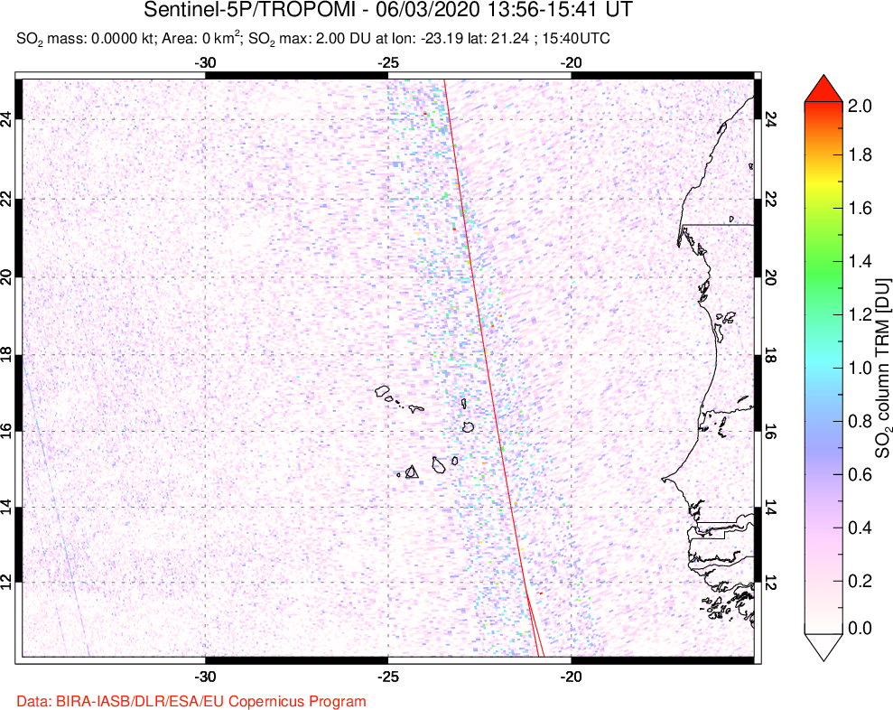 A sulfur dioxide image over Cape Verde Islands on Jun 03, 2020.