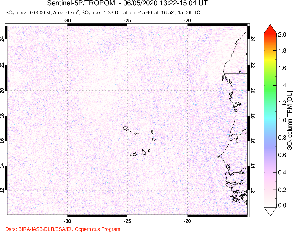 A sulfur dioxide image over Cape Verde Islands on Jun 05, 2020.