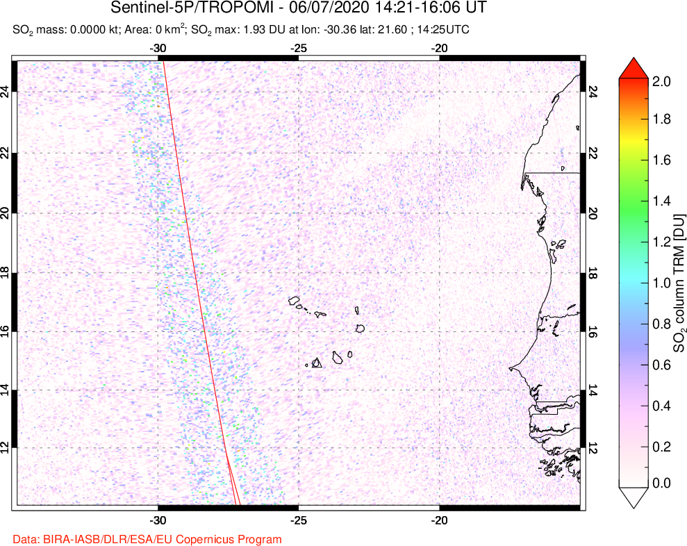 A sulfur dioxide image over Cape Verde Islands on Jun 07, 2020.