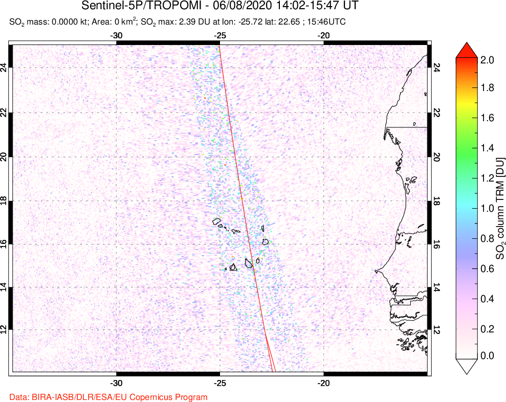 A sulfur dioxide image over Cape Verde Islands on Jun 08, 2020.