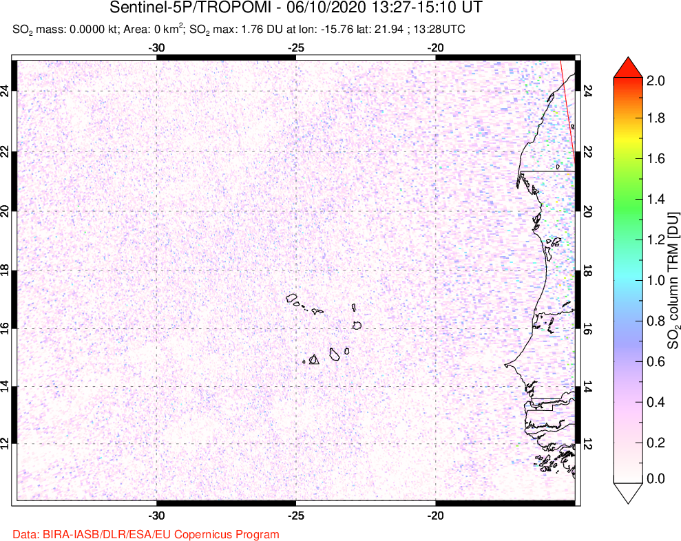 A sulfur dioxide image over Cape Verde Islands on Jun 10, 2020.