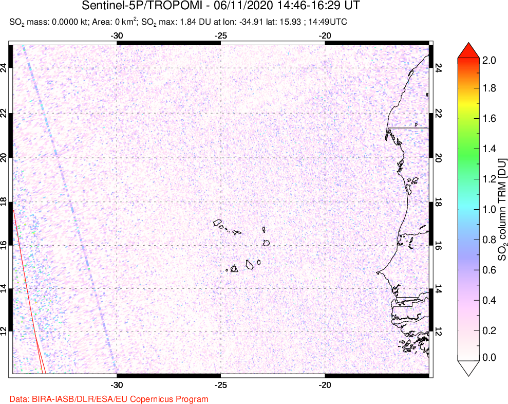 A sulfur dioxide image over Cape Verde Islands on Jun 11, 2020.