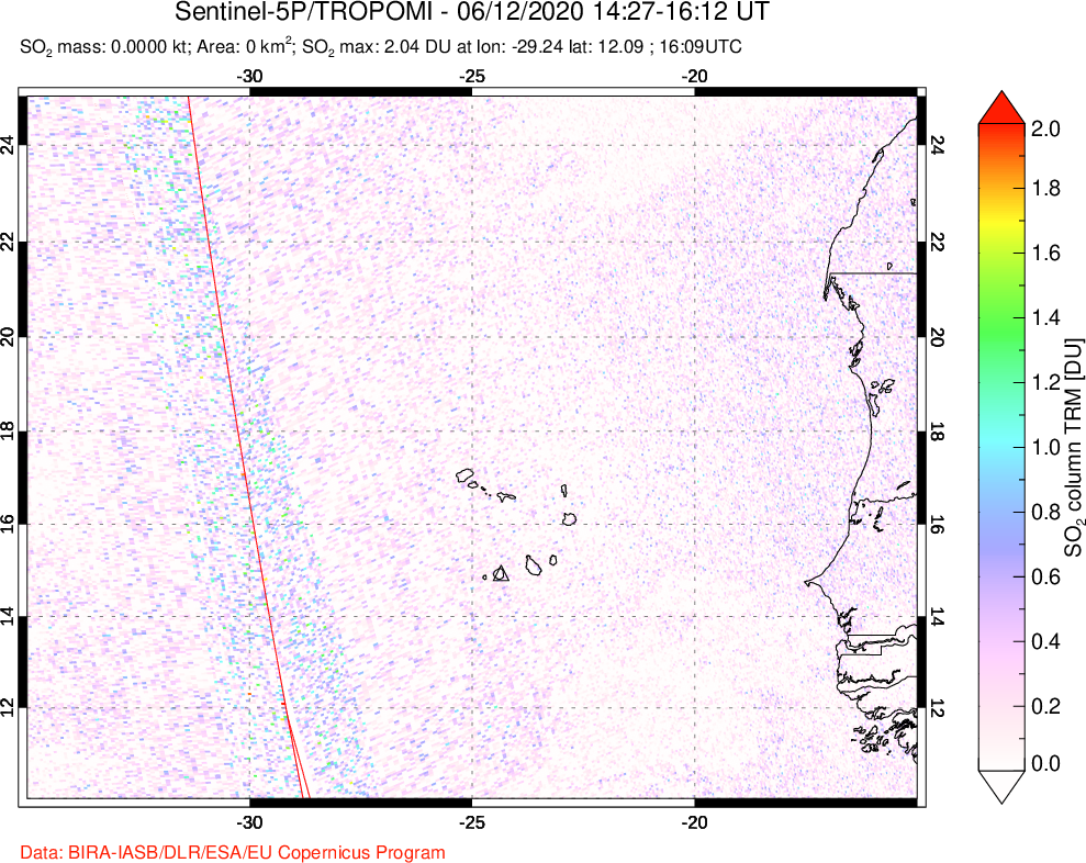 A sulfur dioxide image over Cape Verde Islands on Jun 12, 2020.