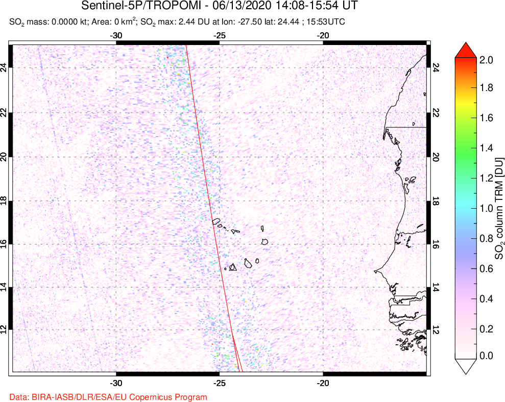 A sulfur dioxide image over Cape Verde Islands on Jun 13, 2020.