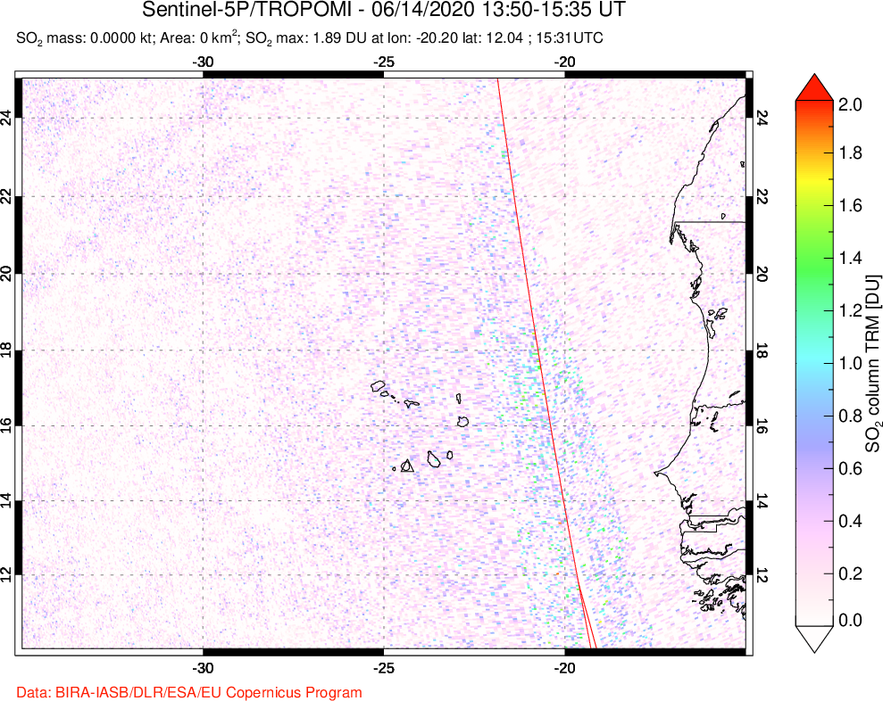 A sulfur dioxide image over Cape Verde Islands on Jun 14, 2020.