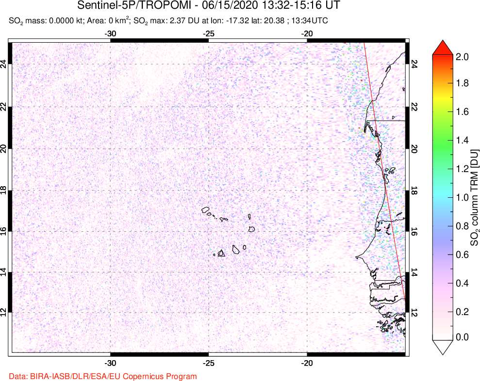 A sulfur dioxide image over Cape Verde Islands on Jun 15, 2020.