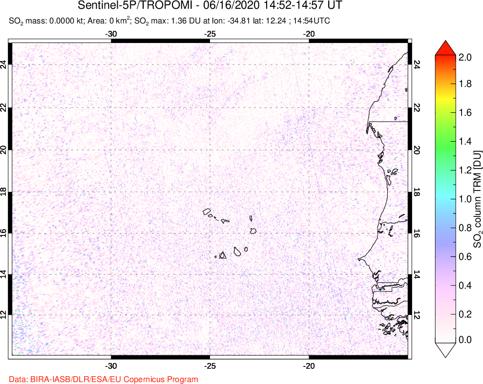 A sulfur dioxide image over Cape Verde Islands on Jun 16, 2020.