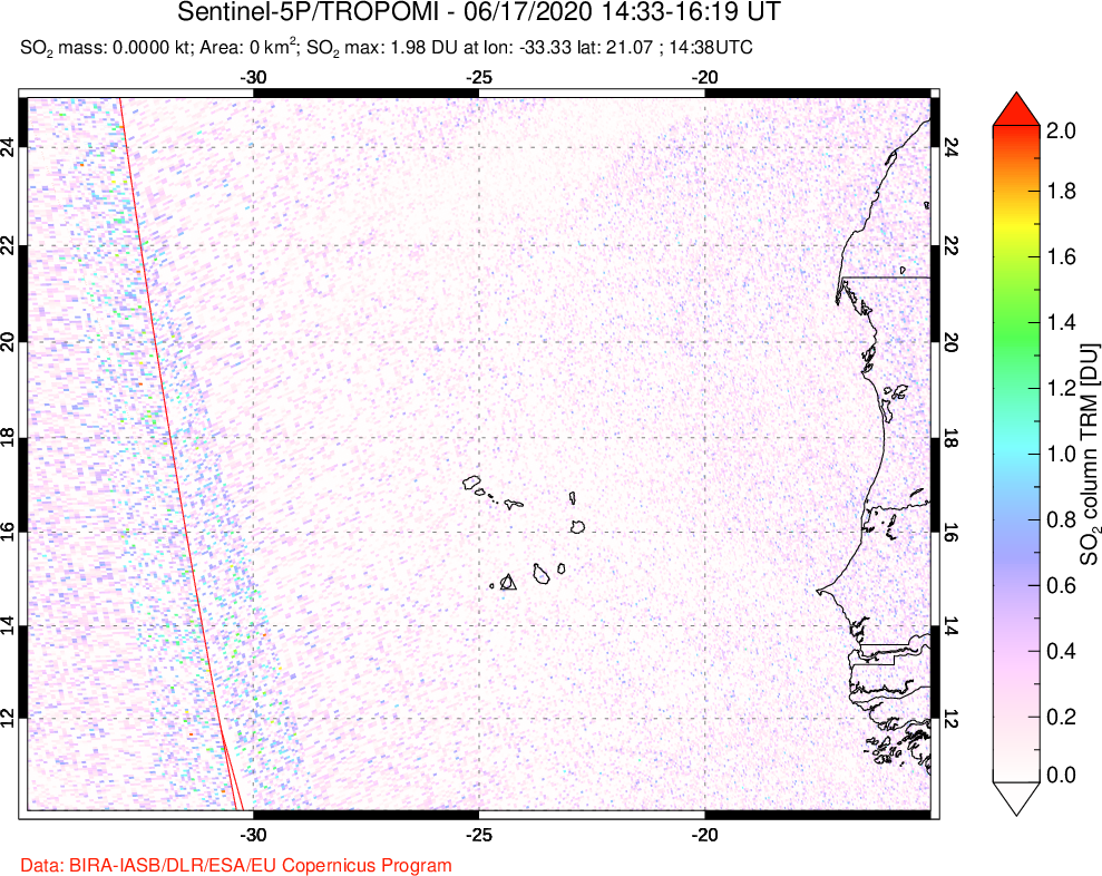 A sulfur dioxide image over Cape Verde Islands on Jun 17, 2020.