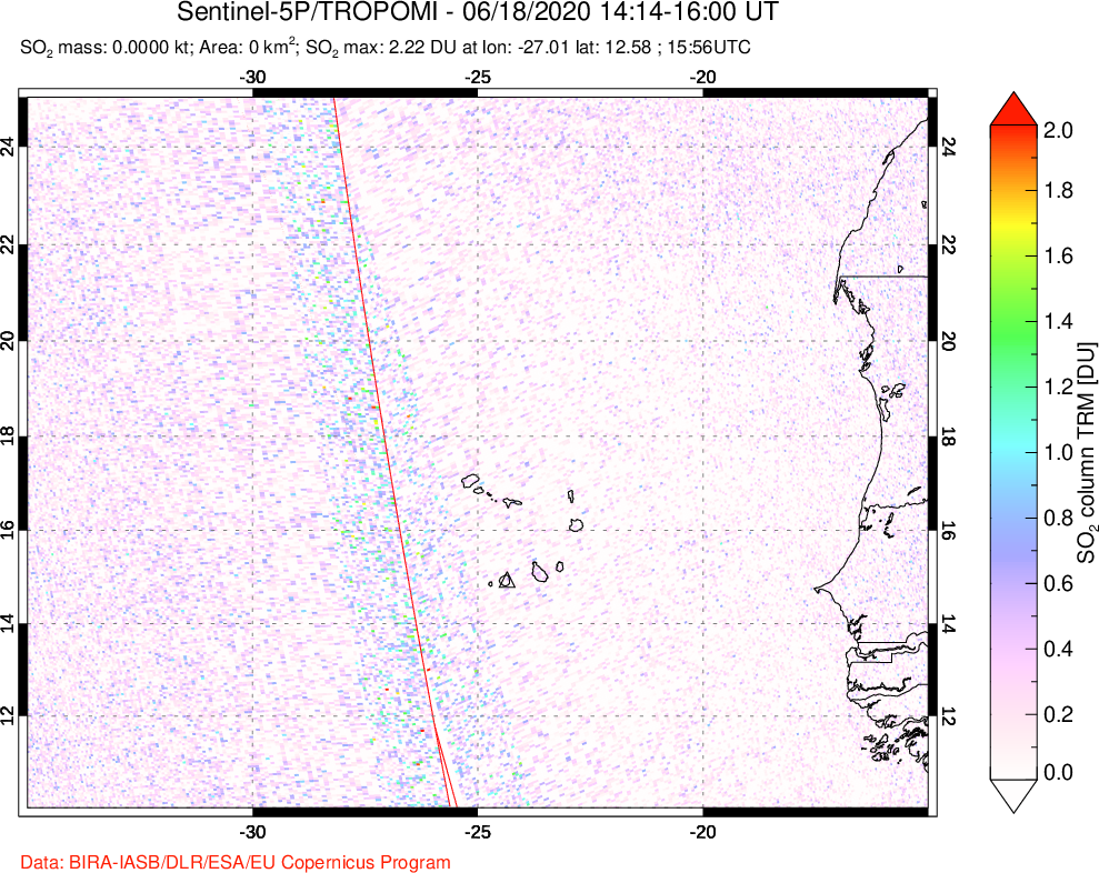 A sulfur dioxide image over Cape Verde Islands on Jun 18, 2020.