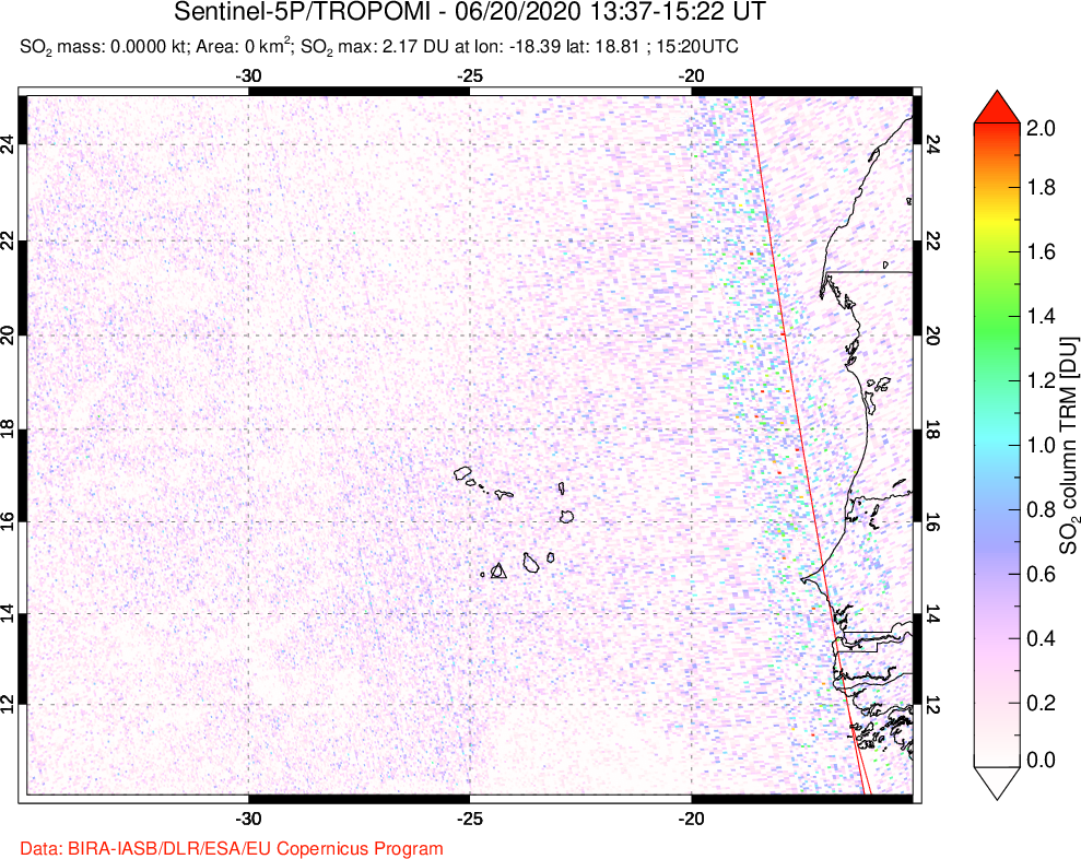 A sulfur dioxide image over Cape Verde Islands on Jun 20, 2020.