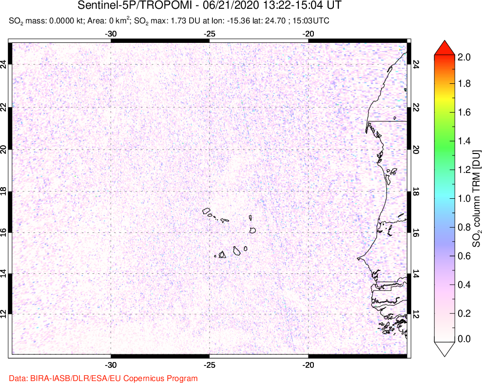 A sulfur dioxide image over Cape Verde Islands on Jun 21, 2020.