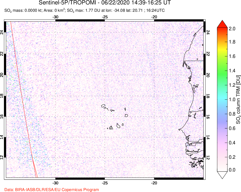 A sulfur dioxide image over Cape Verde Islands on Jun 22, 2020.