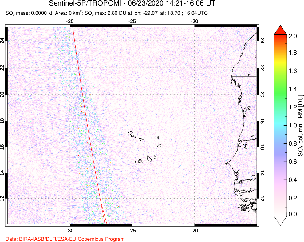 A sulfur dioxide image over Cape Verde Islands on Jun 23, 2020.
