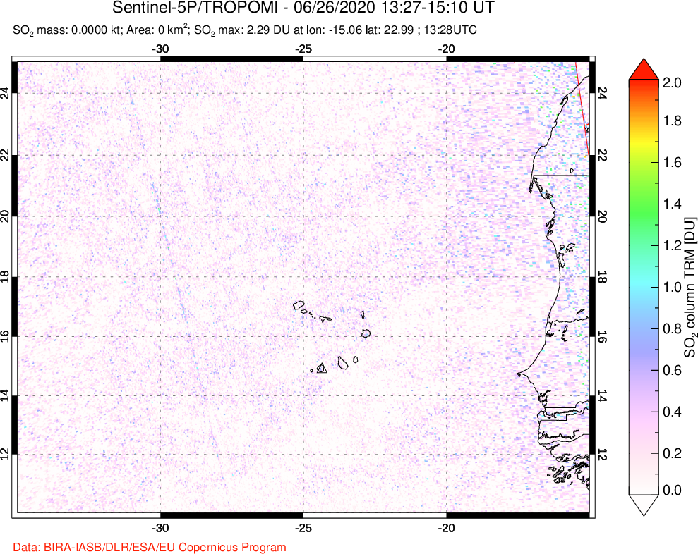 A sulfur dioxide image over Cape Verde Islands on Jun 26, 2020.