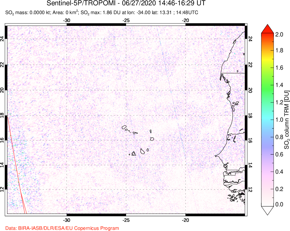 A sulfur dioxide image over Cape Verde Islands on Jun 27, 2020.