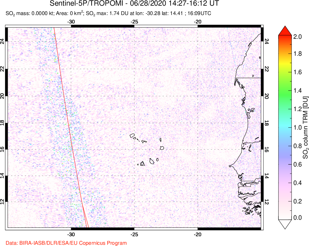 A sulfur dioxide image over Cape Verde Islands on Jun 28, 2020.