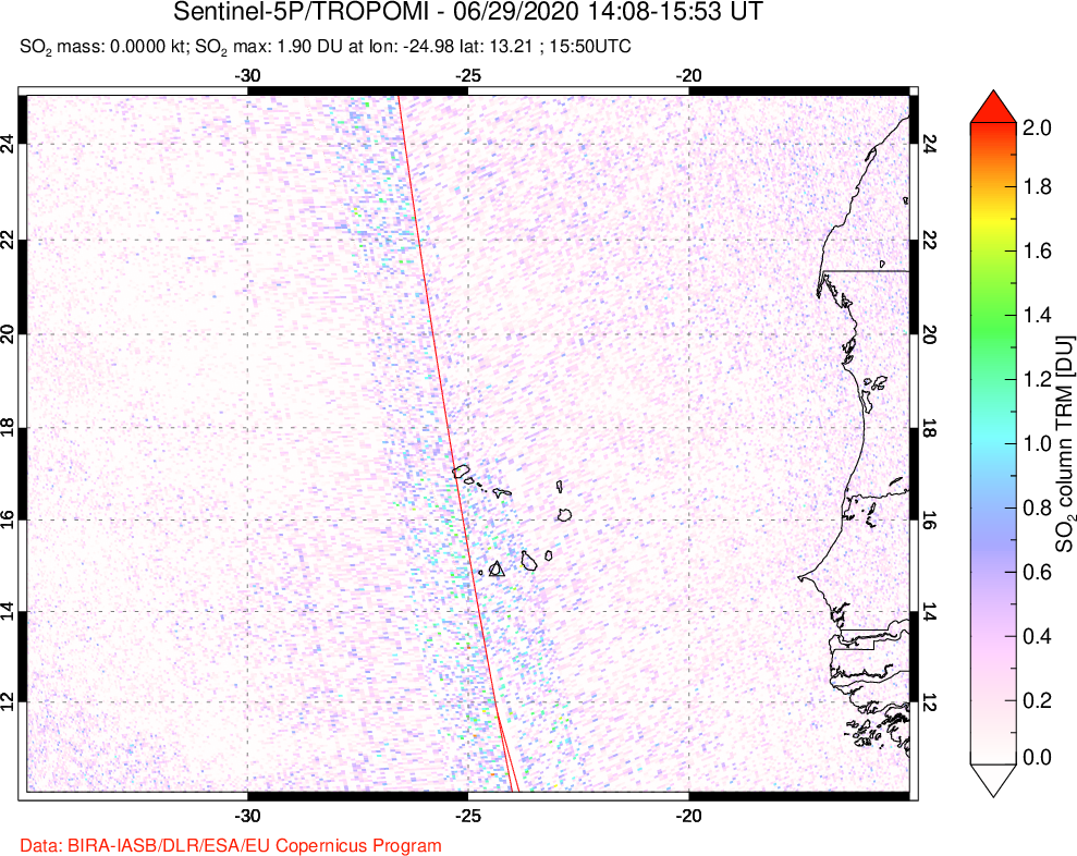 A sulfur dioxide image over Cape Verde Islands on Jun 29, 2020.