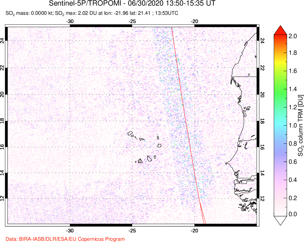 A sulfur dioxide image over Cape Verde Islands on Jun 30, 2020.